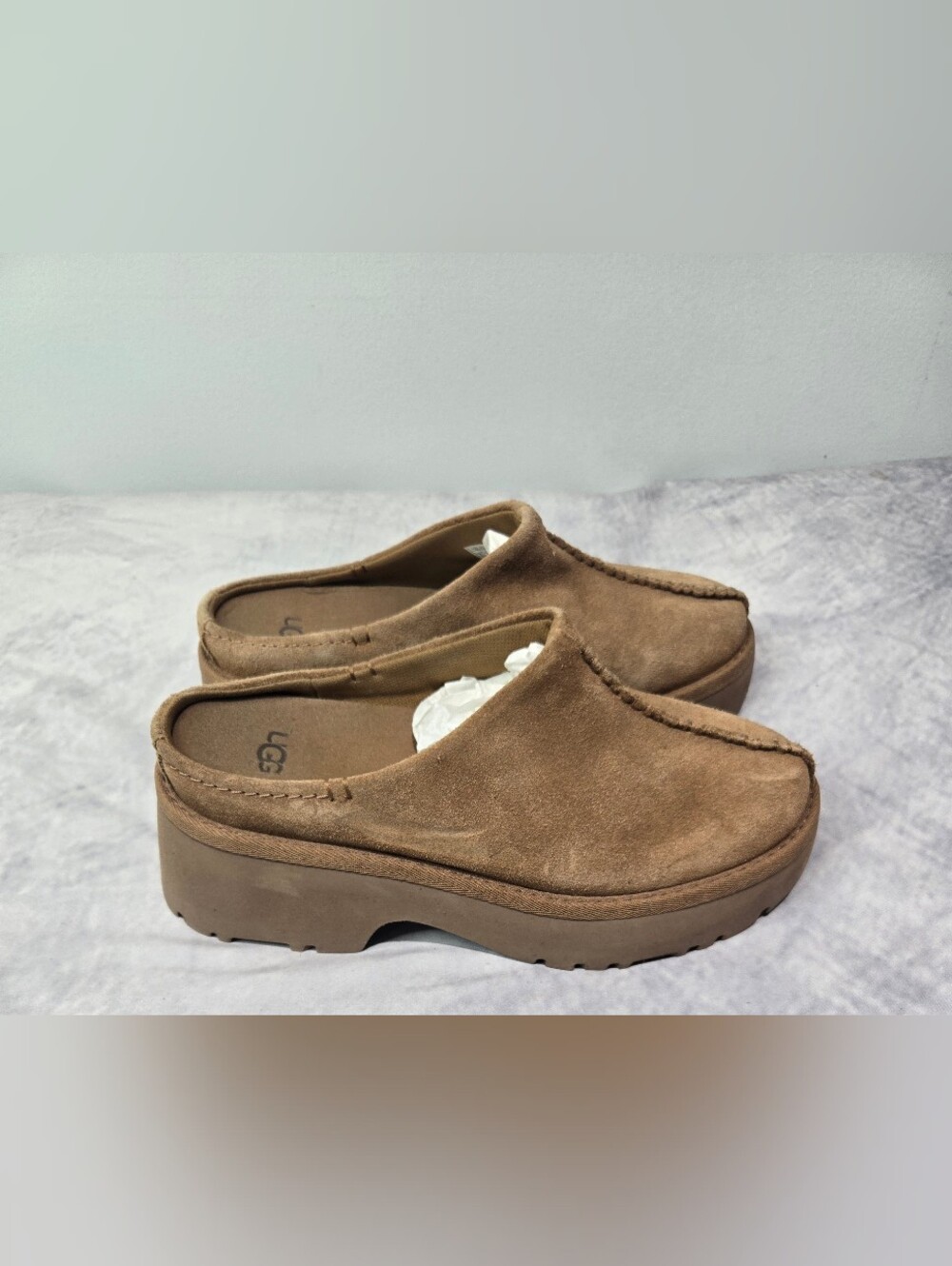 UGG Women's New Heights Clog in the chestnut colorway.